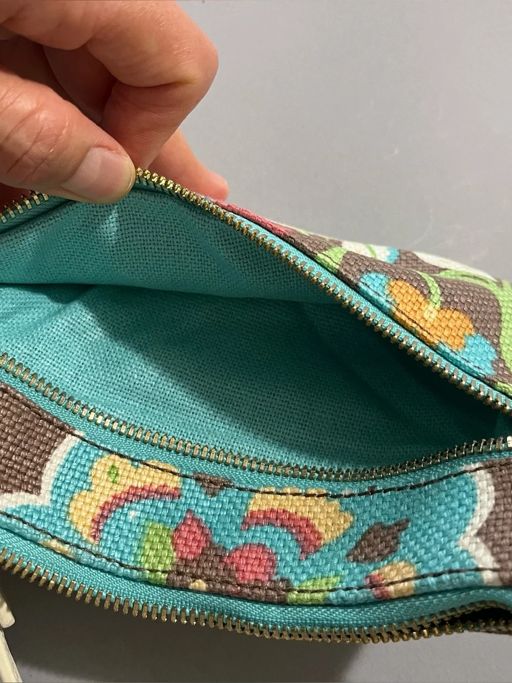 NWT Spartina 449 Brown Multicolor Floral Linen Leather Wristlet Clutch